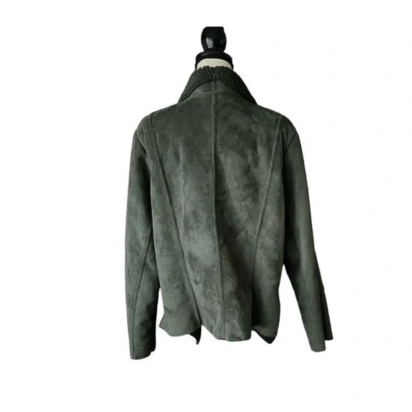 Denim&Co 1X Faux Suede Sherpa-lined Forest Green Open Front Jacket - Picture 5 of 7